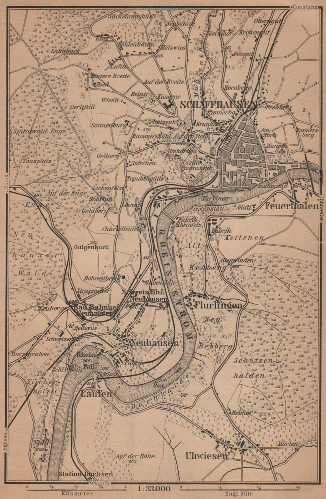 SCHAFFHAUSEN town city stadtplan & umgebung. Rheinfall. Rhine falls 1903 map